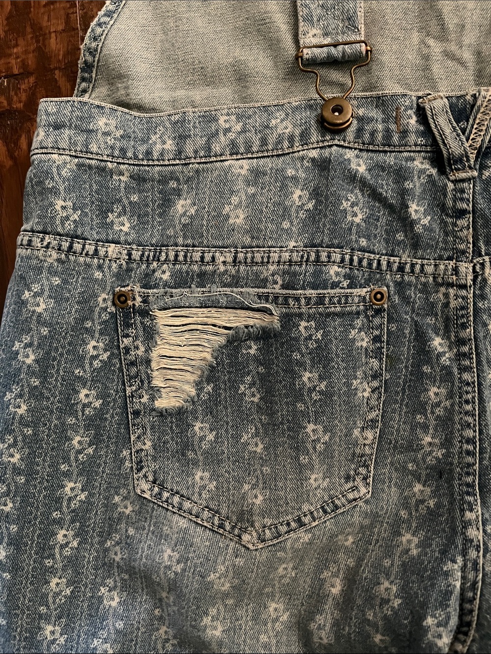 FP Distressed Light Blue Denim Overalls w/pink&white fabric on back of strap - Picture 7 of 14